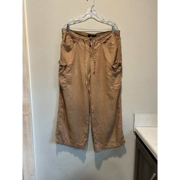 Express Womens Linen Cargo Pants 13/14 Cropped Tan Button Fly Drawstring Beach - Picture 1 of 11